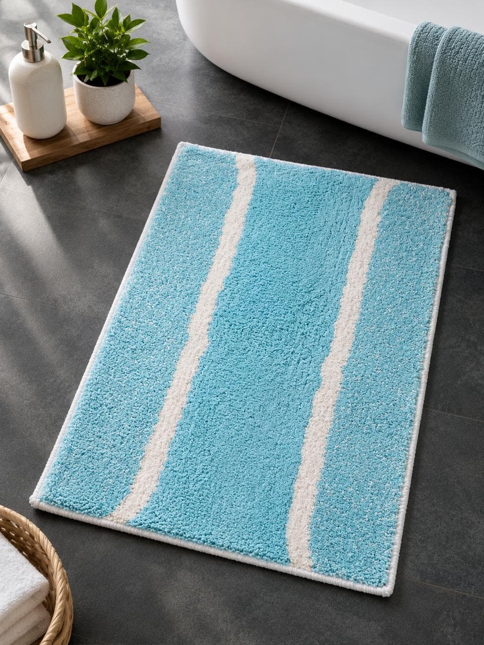 Bathmat BLUE & white double stripes